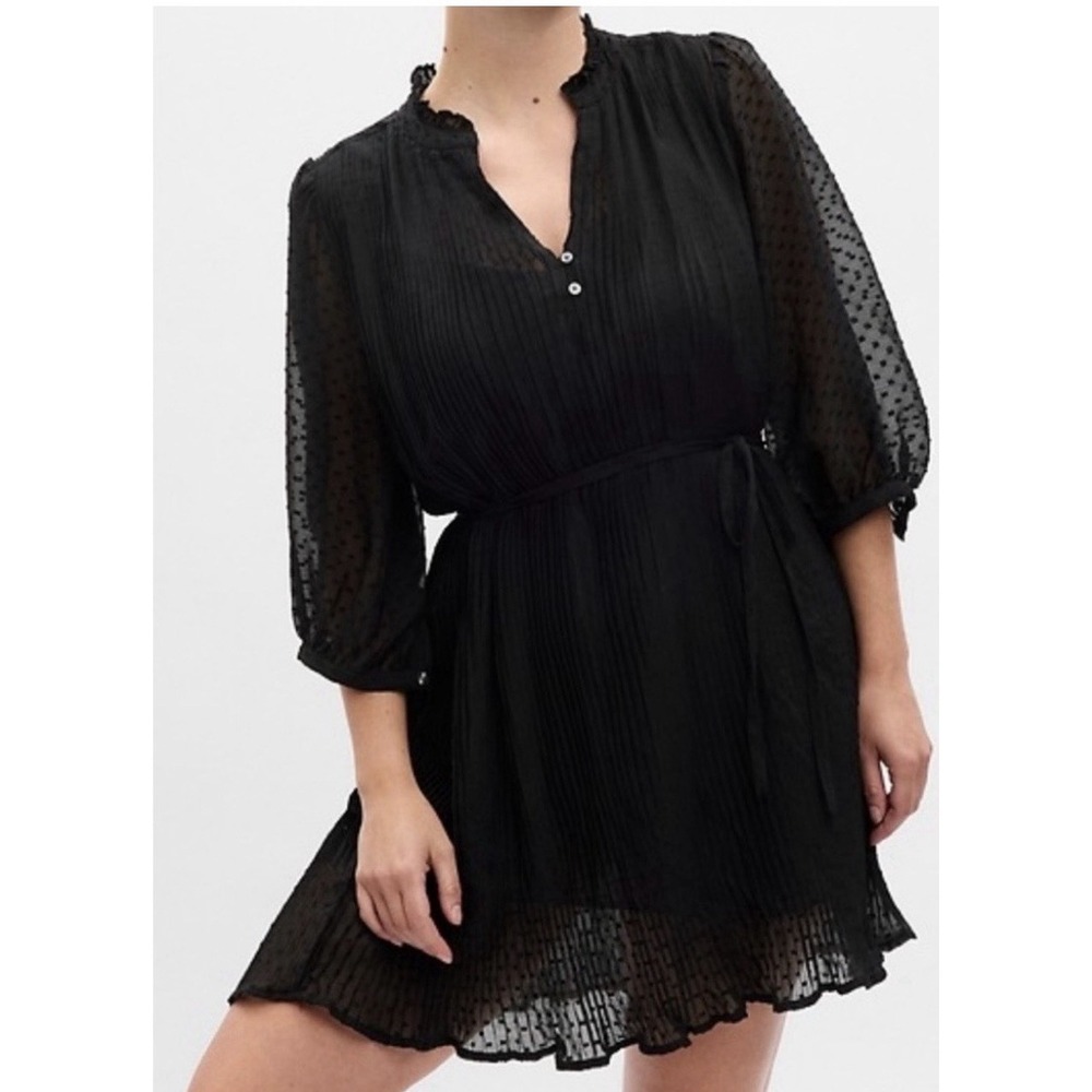GAP Black Swiss Dot Dress Womens Small Pleated Peasant Mini Dress